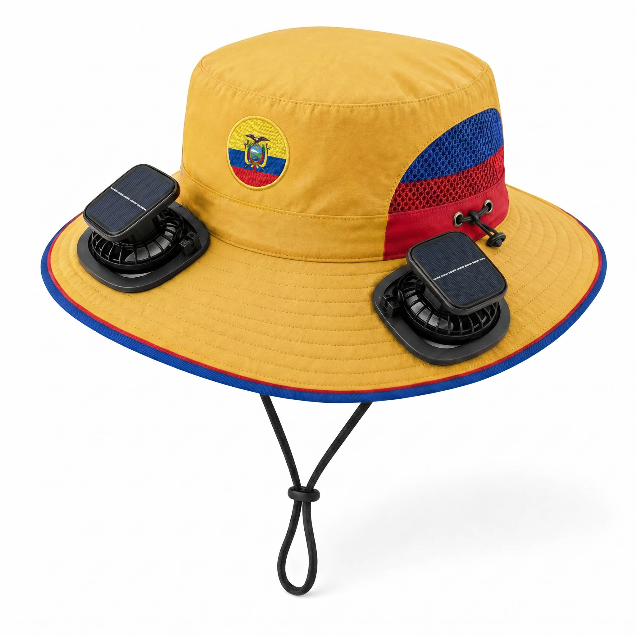 Ecuador World Cup 2026 solar cooling fan hat in yellow, blue and red with twin solar fans and flag crest, front view on white background