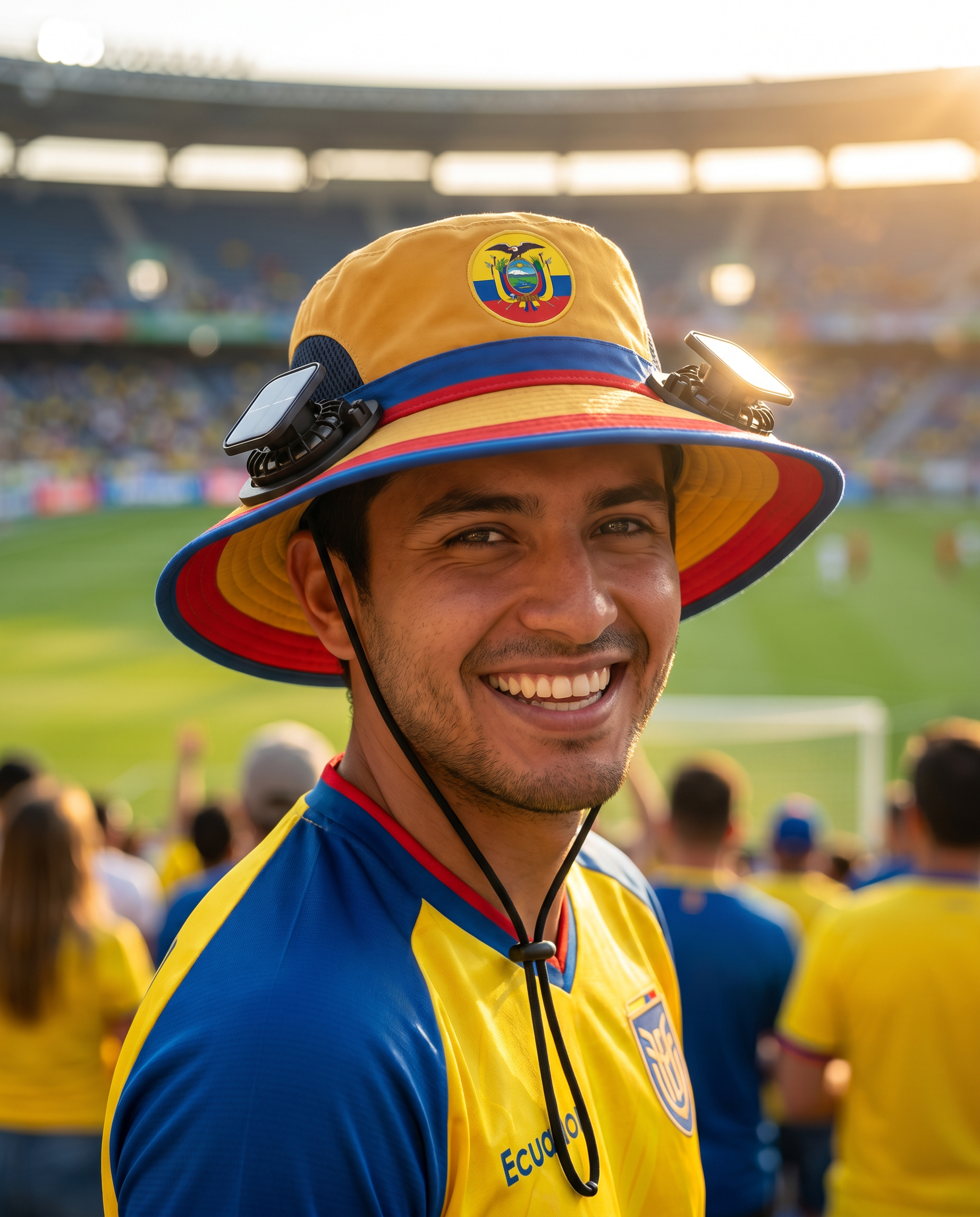 Man wearing the Ecuador solar cooling fan hat at a sunny World Cup fan zone