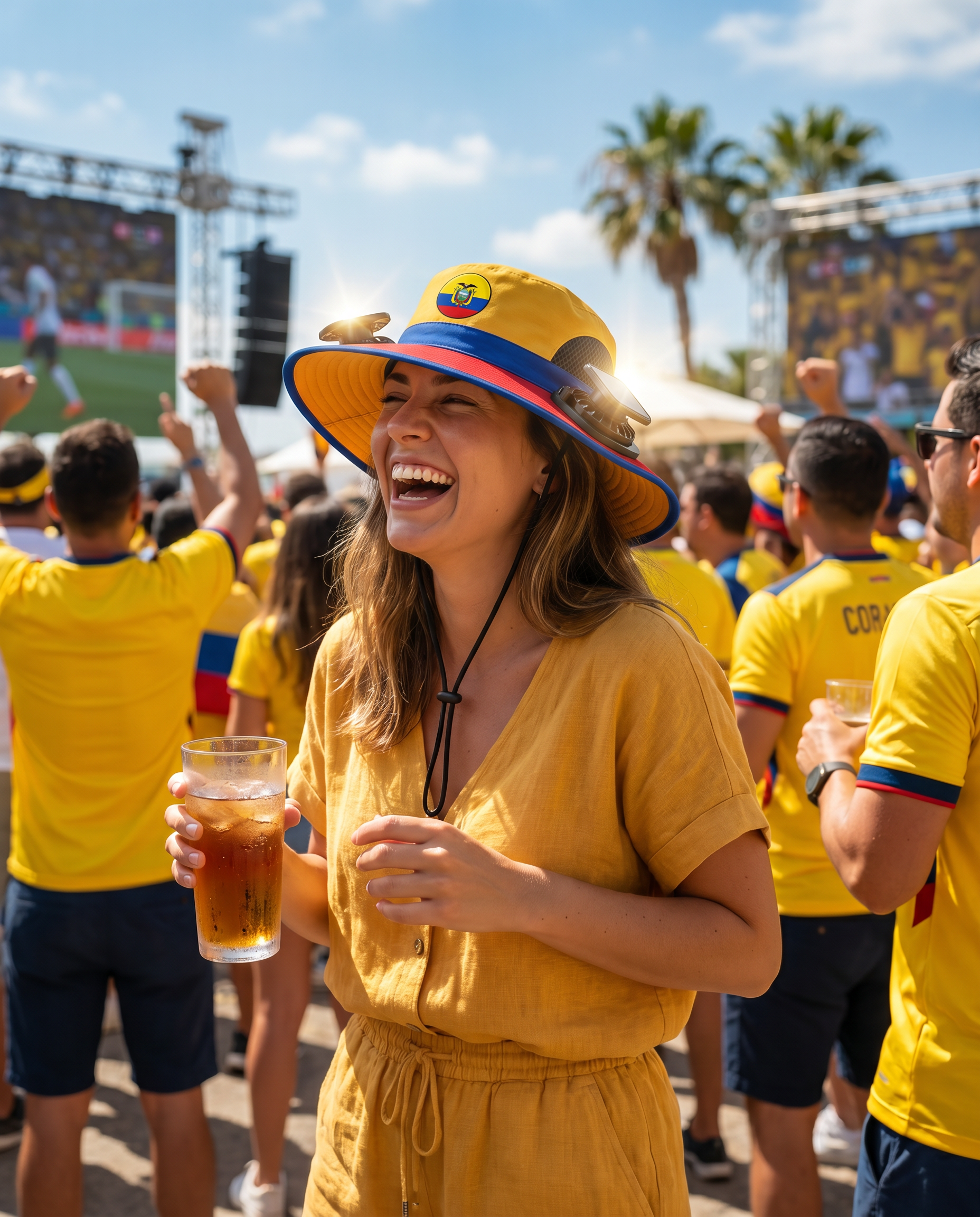 Woman wearing the Ecuador solar cooling fan hat at a sunny World Cup watch party