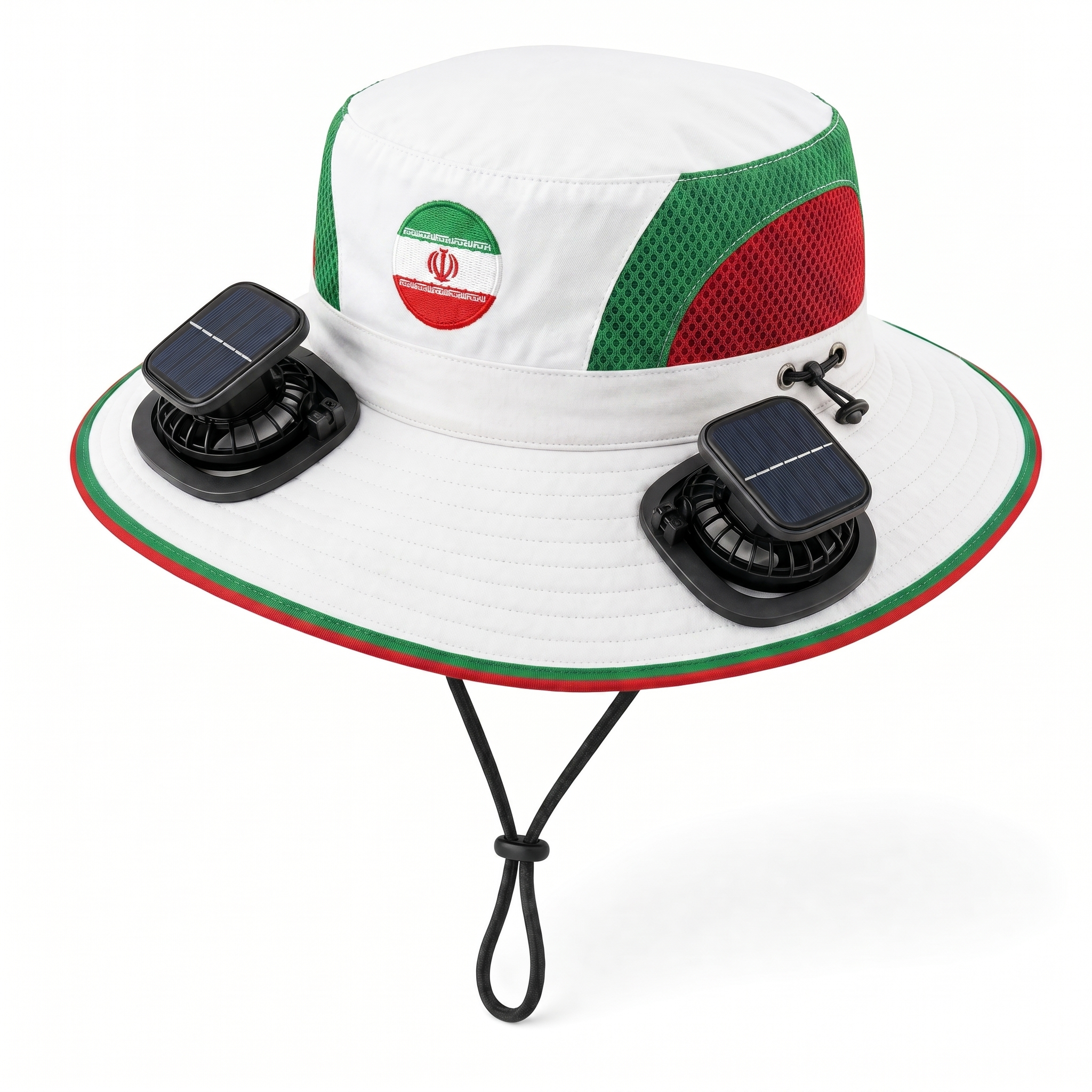 Iran World Cup 2026 solar cooling fan hat in green, white and red with twin solar fans and flag crest, front view on white background