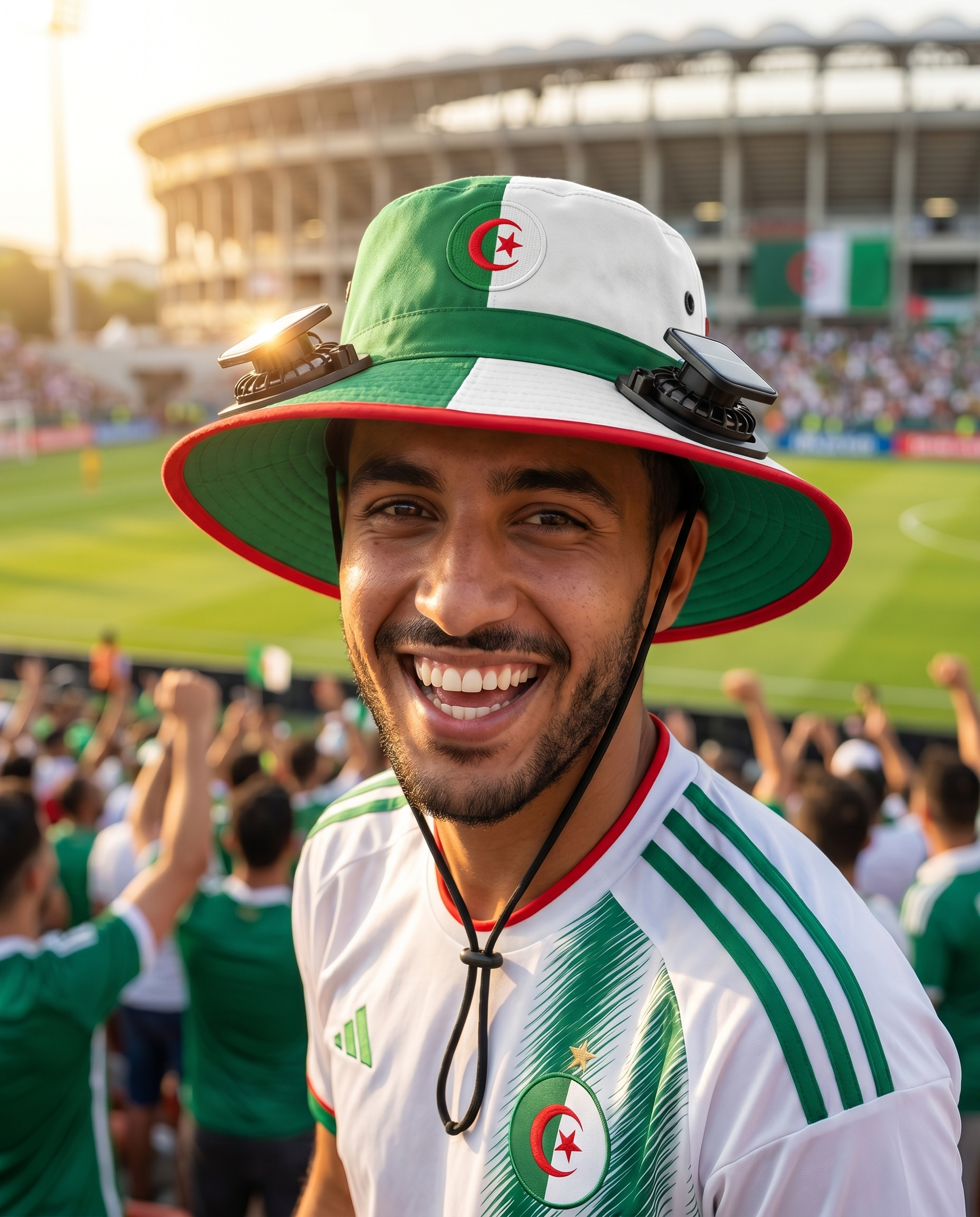Man wearing the Algeria solar cooling fan hat at a sunny World Cup fan zone