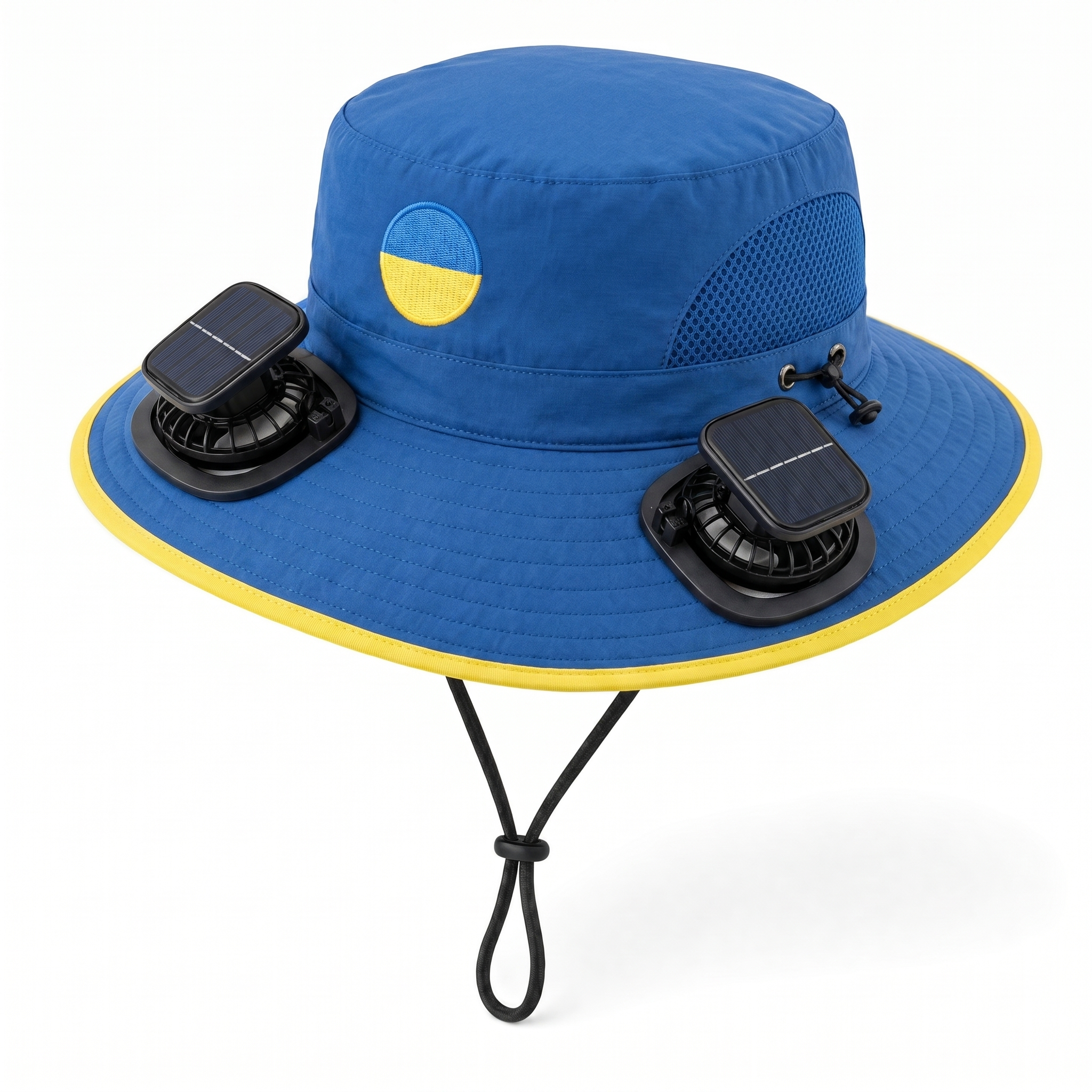 Ukraine World Cup 2026 solar cooling fan hat in blue and yellow with twin solar fans and flag crest, front view on white background