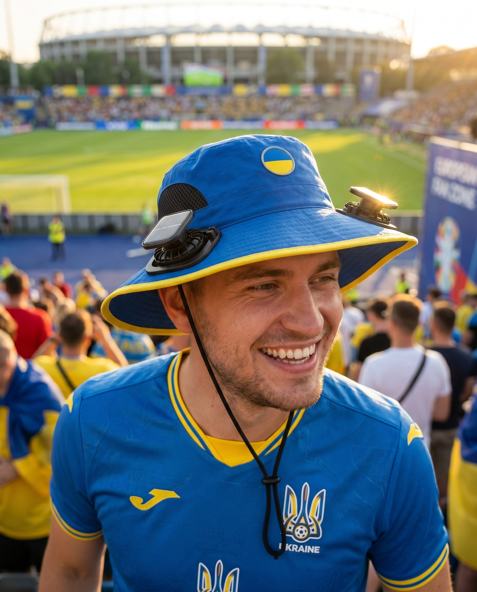 Man wearing the Ukraine solar cooling fan hat at a sunny World Cup fan zone