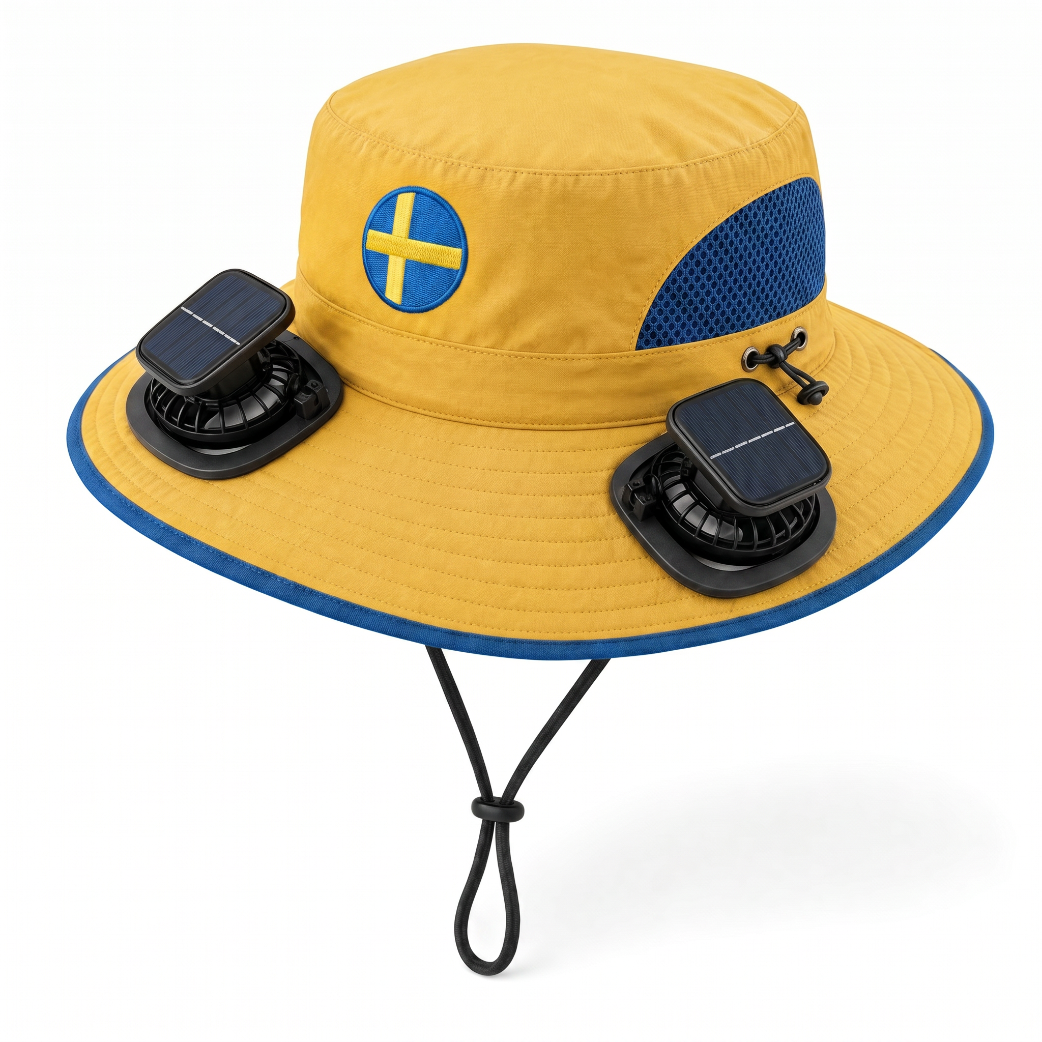 Sweden World Cup 2026 solar cooling fan hat in blue and yellow with twin solar fans and flag crest, front view on white background