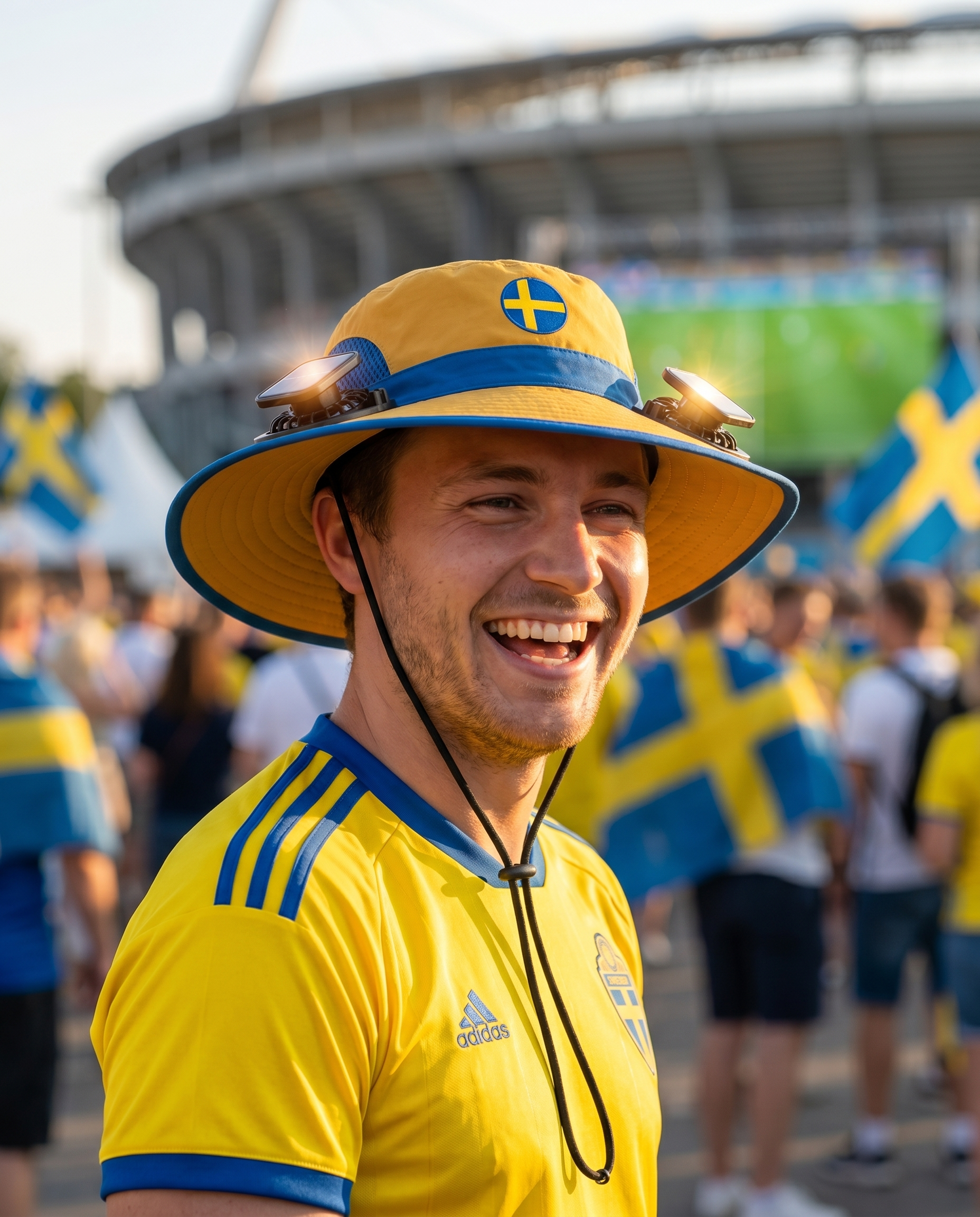 Man wearing the Sweden solar cooling fan hat at a sunny World Cup fan zone