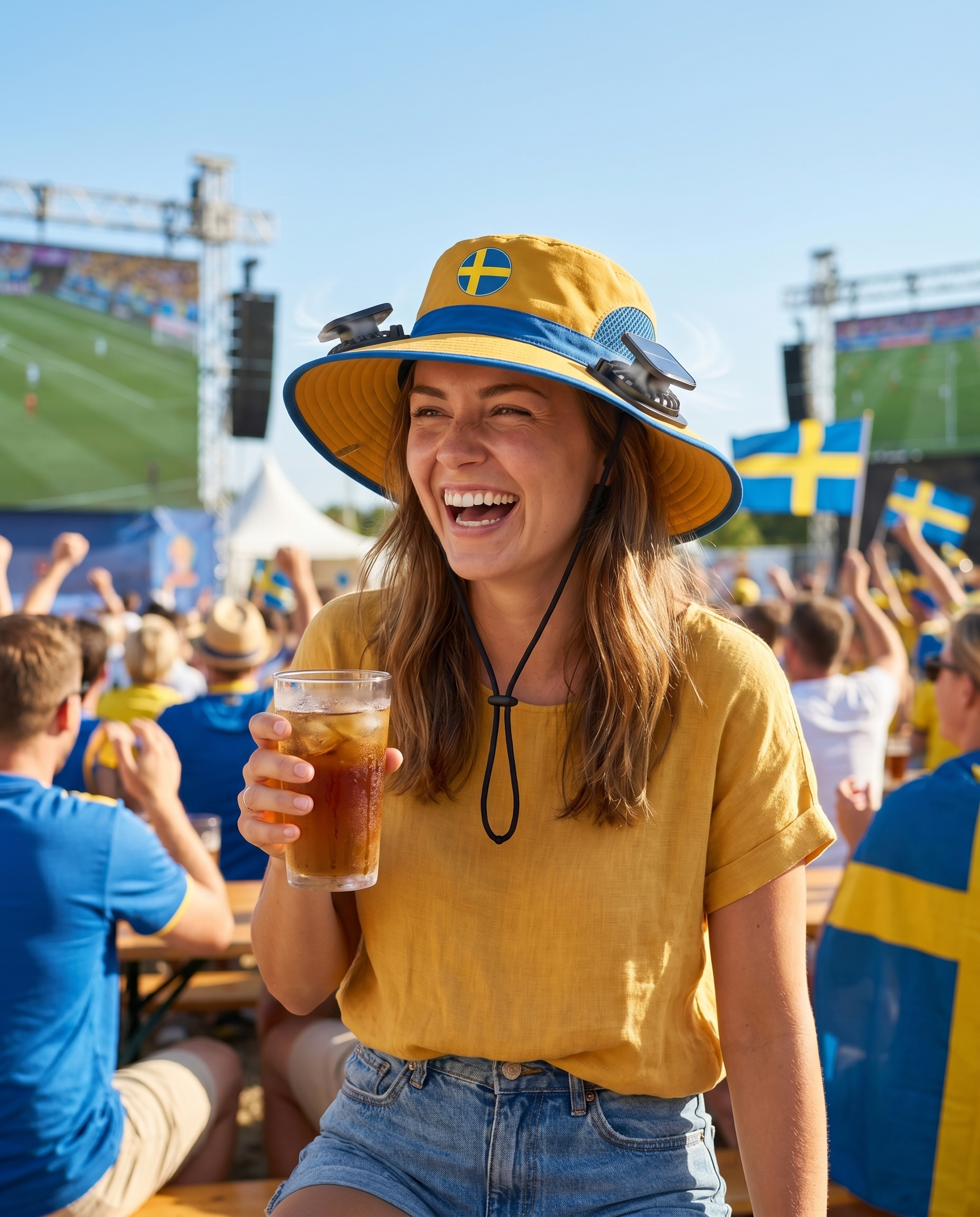 Woman wearing the Sweden solar cooling fan hat at a sunny World Cup watch party