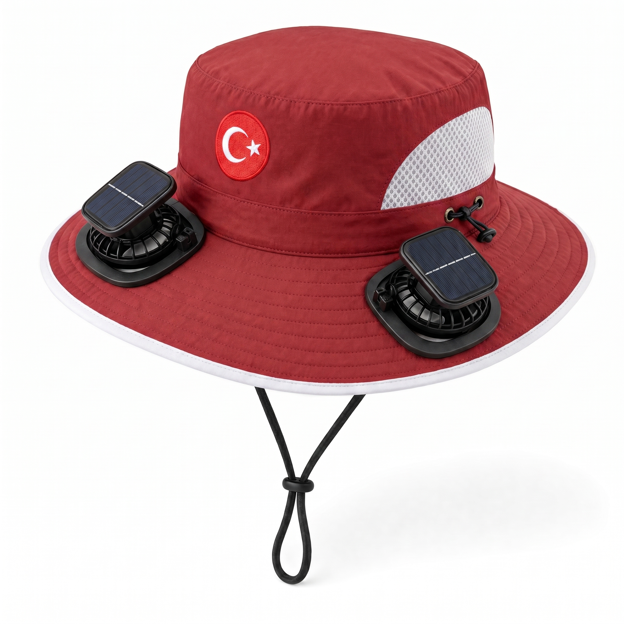 Turkey World Cup 2026 solar cooling fan hat in red and white with twin solar fans and flag crest, front view on white background