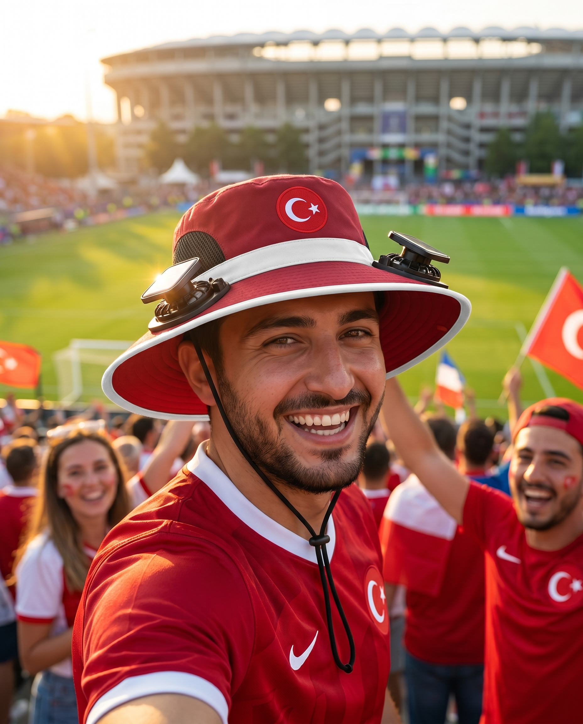 Man wearing the Turkey solar cooling fan hat at a sunny World Cup fan zone