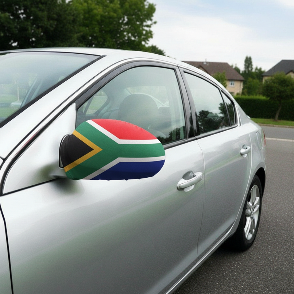 Official FIFA 2026 South Africa Car Mirror Flag attached to car side mirror