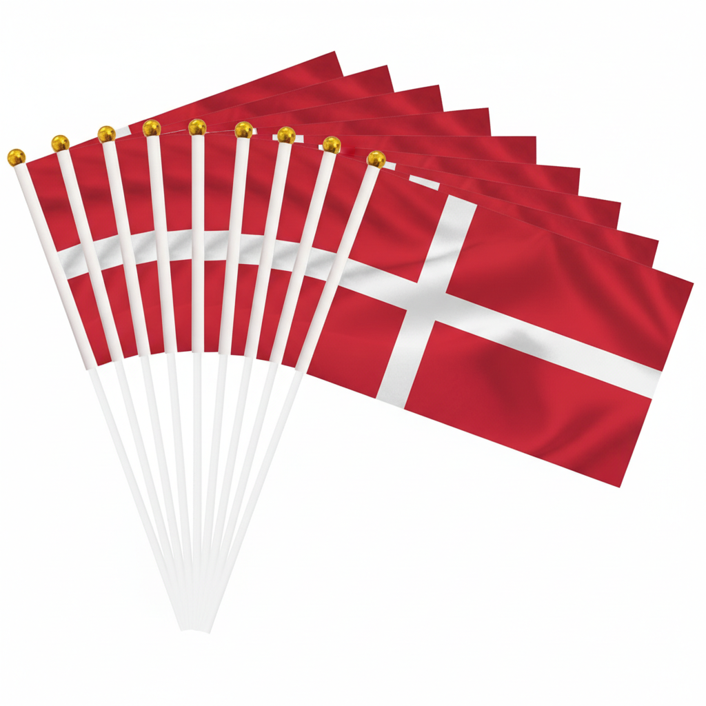 10 Pieces Of Official FIFA 2026 Denmark Mini Flags flying on outdoor flagpole