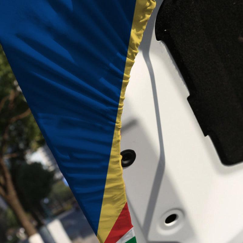 Seychelles Car Hood Cover Flag mounted on car hood while driving