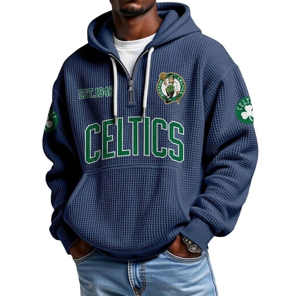 Boston Celtics EST 1946 Printed Waffle Quarter Zip Basketball Fan Hoodie