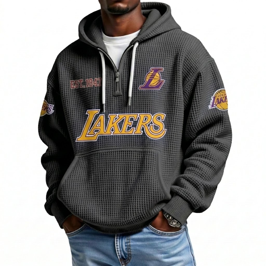 Los Angeles Lakers EST 1947 Printed Waffle Quarter Zip Basketball Fan Hoodie