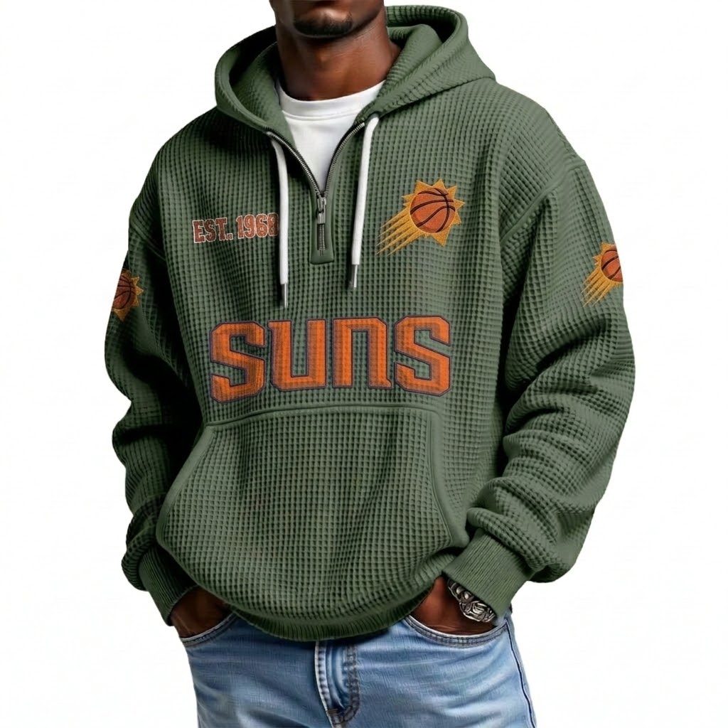 Phoenix Suns EST 1968 Printed Waffle Quarter Zip Basketball Fan Hoodie