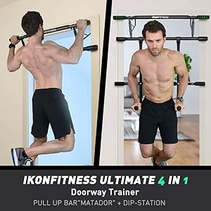 Ikonfitness Ultimate 4 in 1 Doorway Raised Height Pull Up Bar Dips Bar Power Ropes for Home Workout
