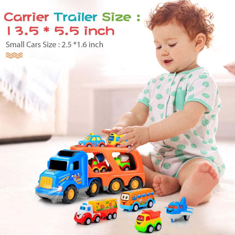 Big Carrier Truck With 8 Small Cartoon Pull Back Cars-Octopus Mood Toy