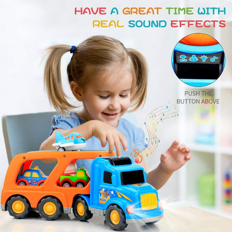 Big Carrier Truck With 8 Small Cartoon Pull Back Cars-Octopus Mood Toy