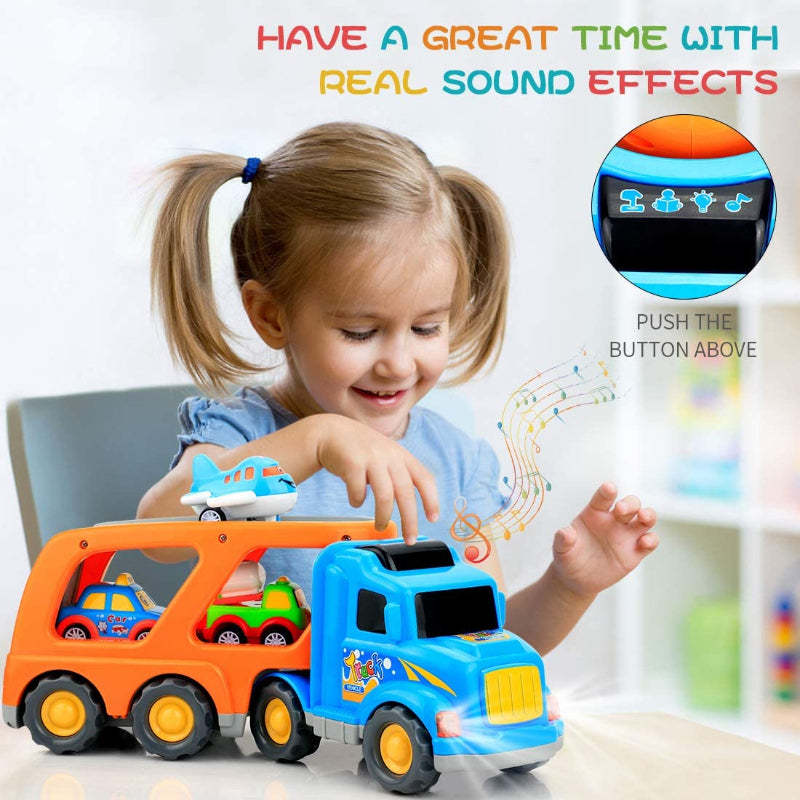 Big Carrier Truck With 8 Small Cartoon Pull Back Cars-Octopus Mood Toy