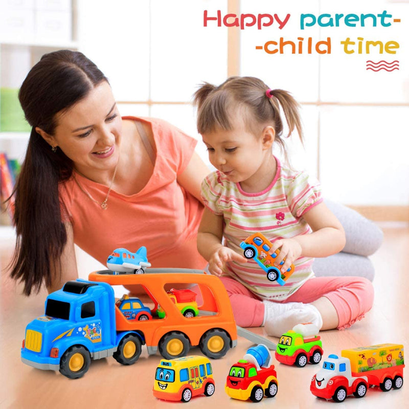 Big Carrier Truck With 8 Small Cartoon Pull Back Cars-Octopus Mood Toy