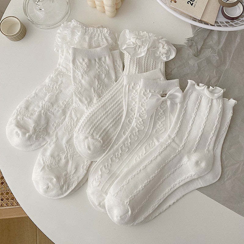 White Lace Bowknot Cotton Ankle Socks