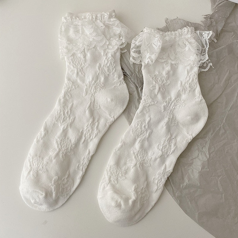 White Lace Bowknot Cotton Ankle Socks
