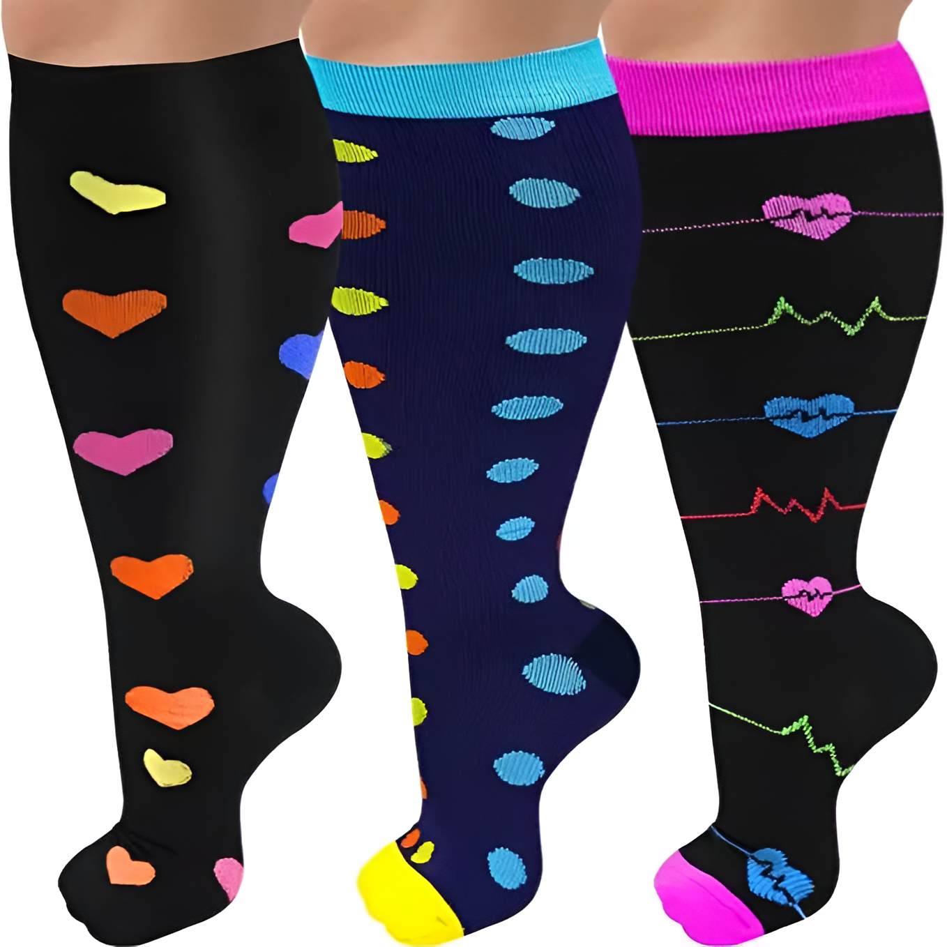  3 Packs Plus Size Compression Knee High Sports Socks for Women and Men Wide Calf Stockings Breathable