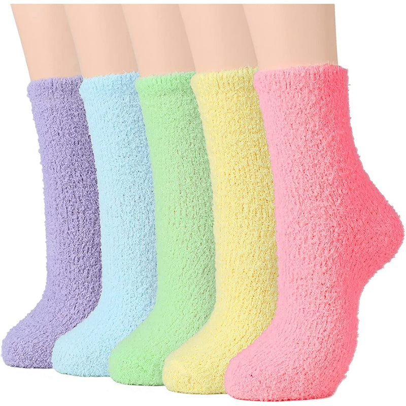 Pack Of 5 Fuzzy Warm Slipper Socks Women Super Soft Microfiber Cozy Sleeping Socks
