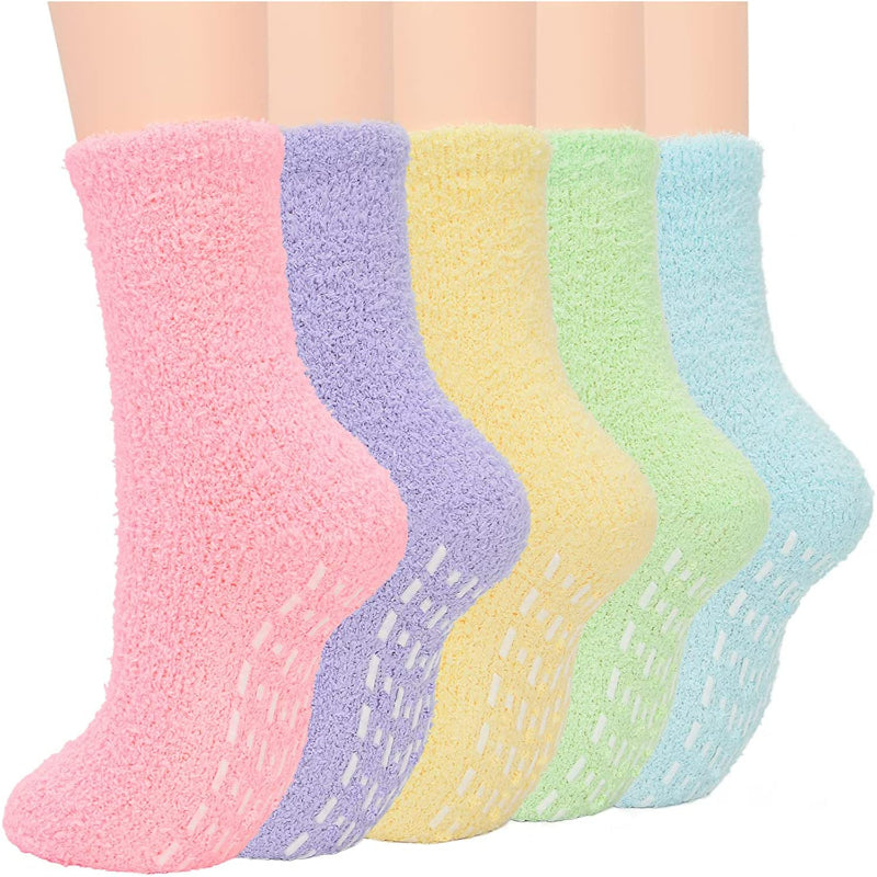 Pack Of 5 Fuzzy Warm Slipper Socks Women Super Soft Microfiber Cozy Sleeping Socks