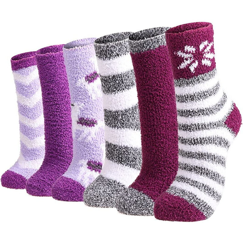 Pack Of 6 Slipper Socks Women - Colorful Warm Fuzzy Crew Socks Cozy