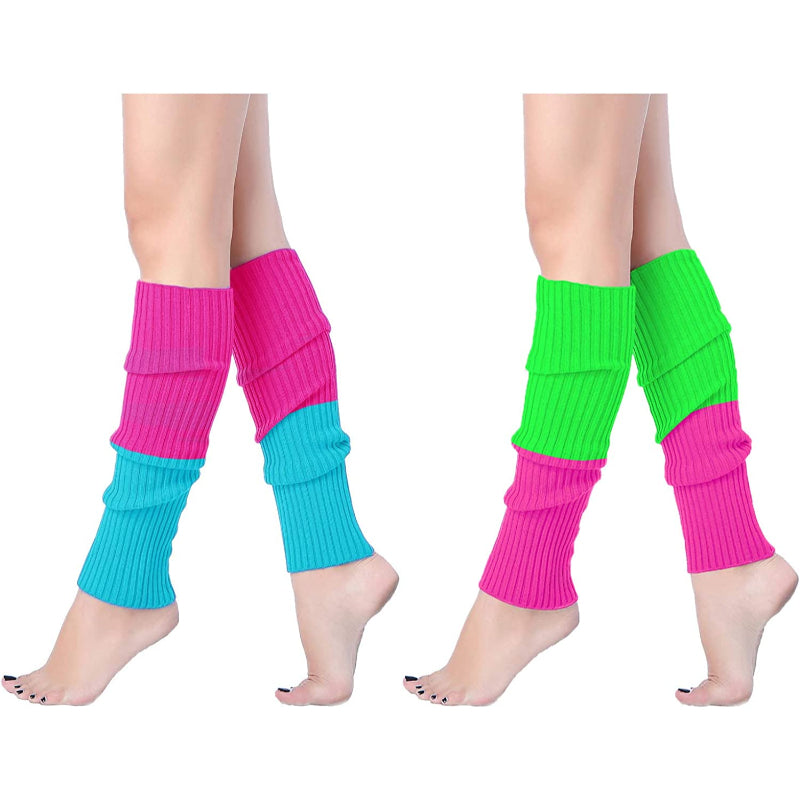 Pack Of 2 Women Juniors Neon Ribbed Leg Warmers for 80s Eighty's Party Sports Yoga