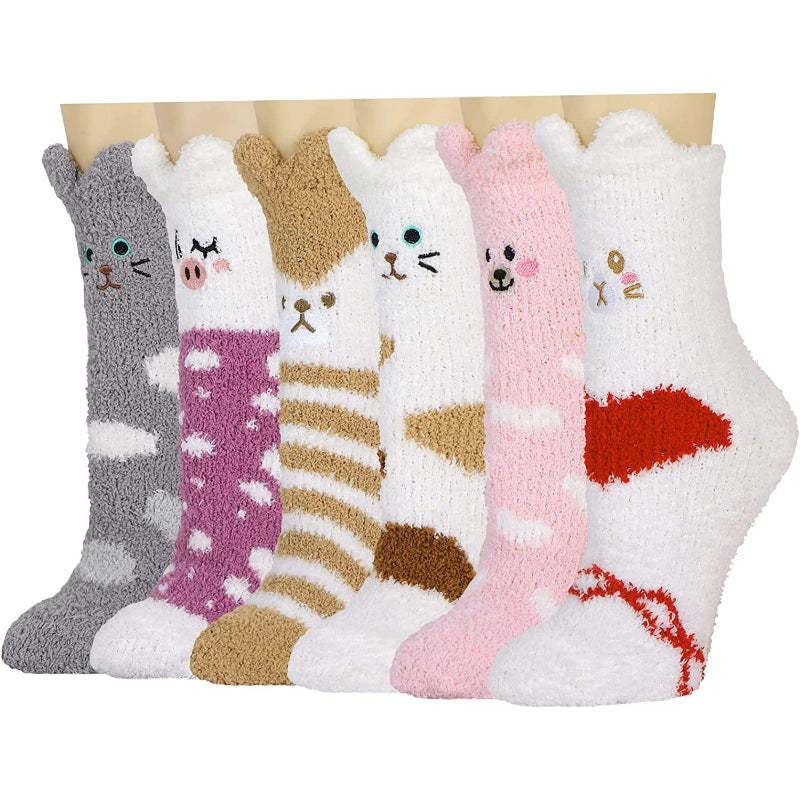 Pack Of 6 Slipper Socks Women - Colorful Warm Fuzzy Crew Socks Cozy