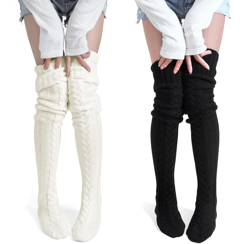 Pack Of 2 Women's Thigh High Socks Over the Knee Cable Knit Boot Socks, Long Warm Fashion Leg Warmers Winter