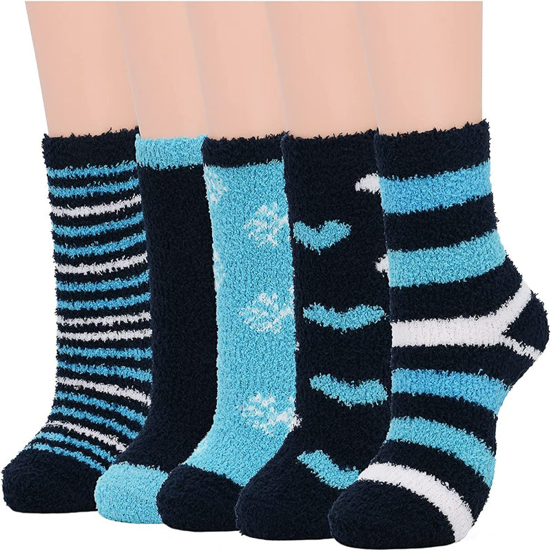 Pack Of 5 Fuzzy Warm Slipper Socks Women Super Soft Microfiber Cozy Sleeping Socks