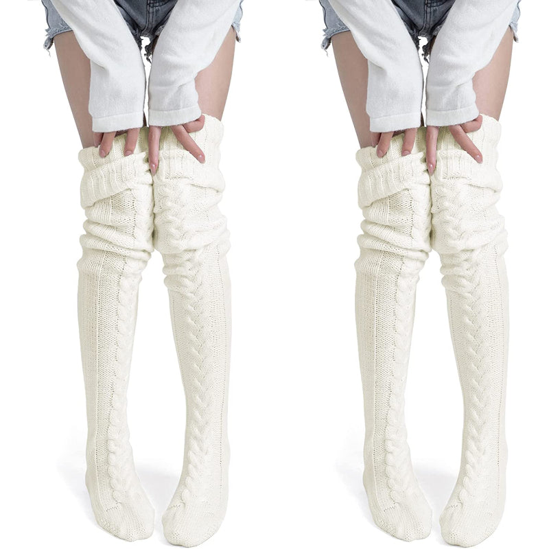 Pack Of 2 Women's Thigh High Socks Over the Knee Cable Knit Boot Socks, Long Warm Fashion Leg Warmers Winter