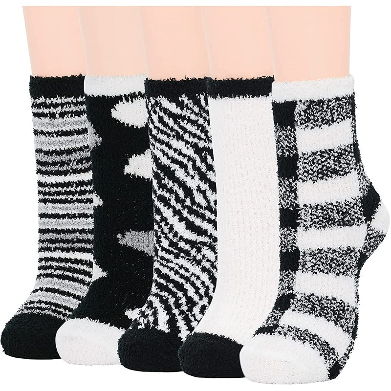 Pack Of 5 Fuzzy Warm Slipper Socks Women Super Soft Microfiber Cozy Sleeping Socks