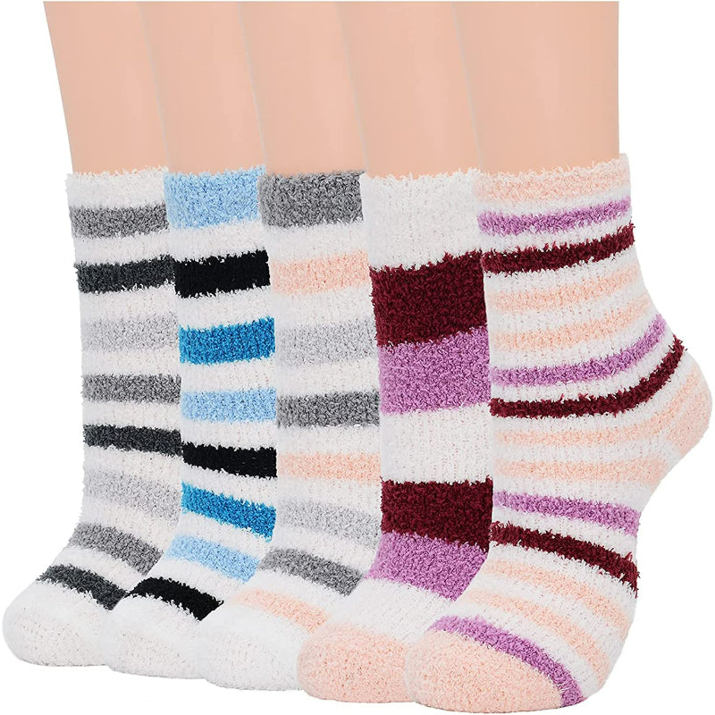 Pack Of 5 Fuzzy Warm Slipper Socks Women Super Soft Microfiber Cozy Sleeping Socks