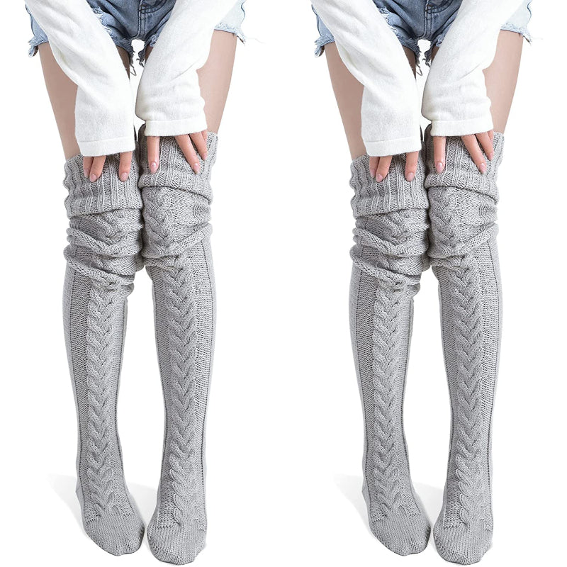 Pack Of 2 Women's Thigh High Socks Over the Knee Cable Knit Boot Socks, Long Warm Fashion Leg Warmers Winter