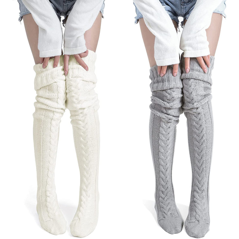 Pack Of 2 Women's Thigh High Socks Over the Knee Cable Knit Boot Socks, Long Warm Fashion Leg Warmers Winter