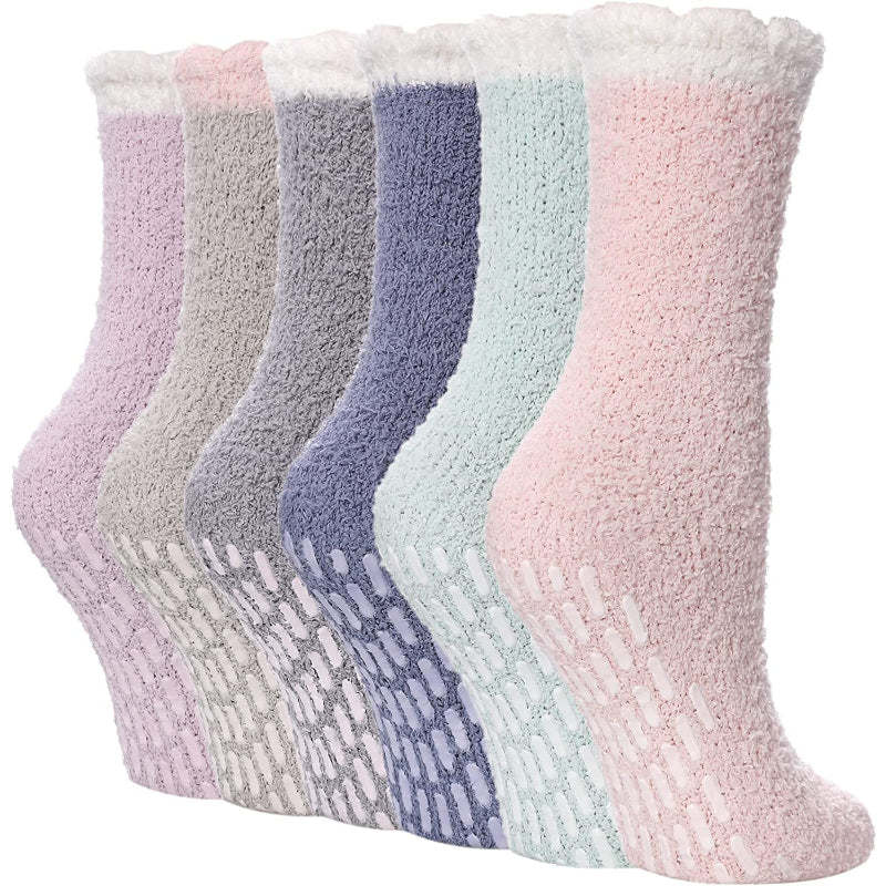 Pack Of 6 Non Slip Socks for Women Winter Warm Cozy Fuzzy Slipper Socks Soft Fluffy Hospital Socks with Grips