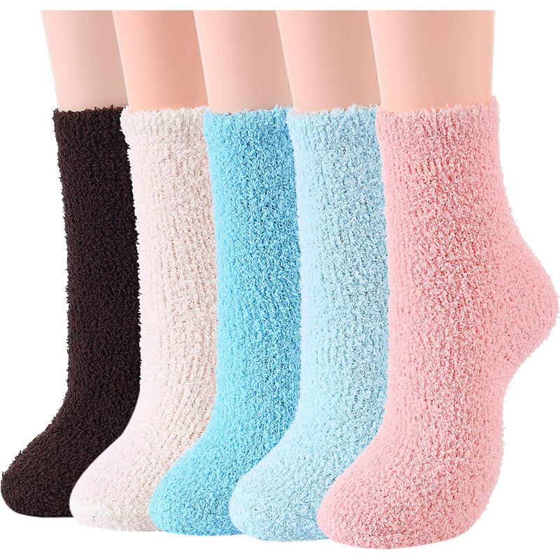 Pack Of 5 Fuzzy Warm Slipper Socks Women Super Soft Microfiber Cozy Sleeping Socks