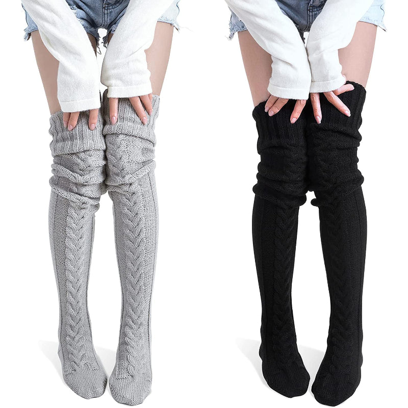 Pack Of 2 Women's Thigh High Socks Over the Knee Cable Knit Boot Socks, Long Warm Fashion Leg Warmers Winter