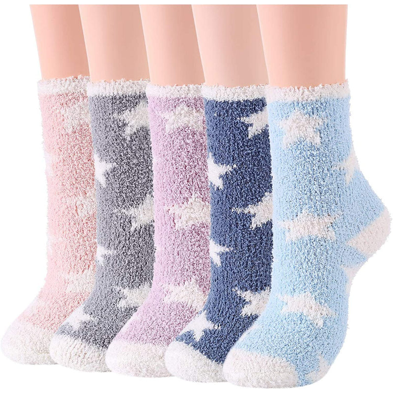 Pack Of 5 Fuzzy Warm Slipper Socks Women Super Soft Microfiber Cozy Sleeping Socks