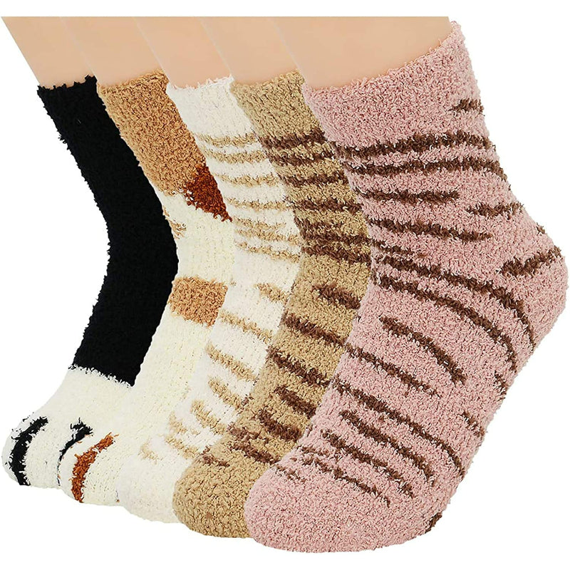 Pack Of 5 Fuzzy Warm Slipper Socks Women Super Soft Microfiber Cozy Sleeping Socks
