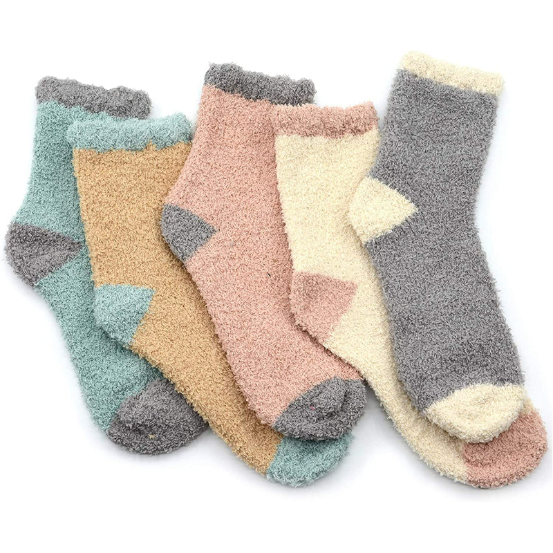 Pack Of 5 Fuzzy Warm Slipper Socks Women Super Soft Microfiber Cozy Sleeping Socks