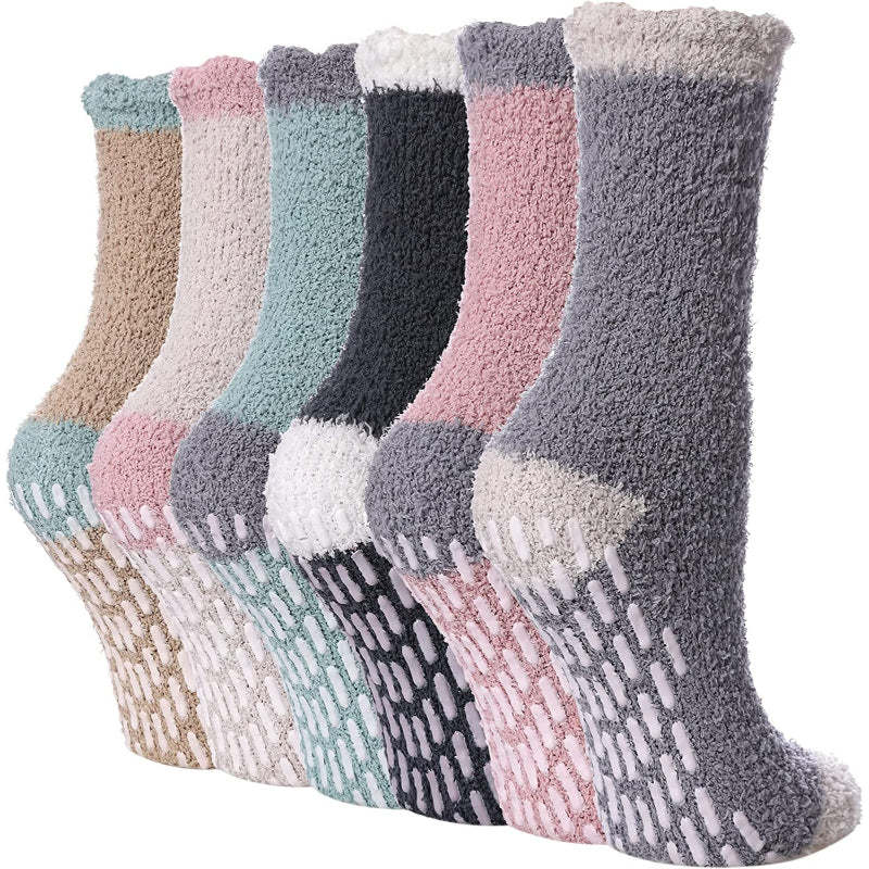 Pack Of 6 Non Slip Socks for Women Winter Warm Cozy Fuzzy Slipper Socks Soft Fluffy Hospital Socks with Grips