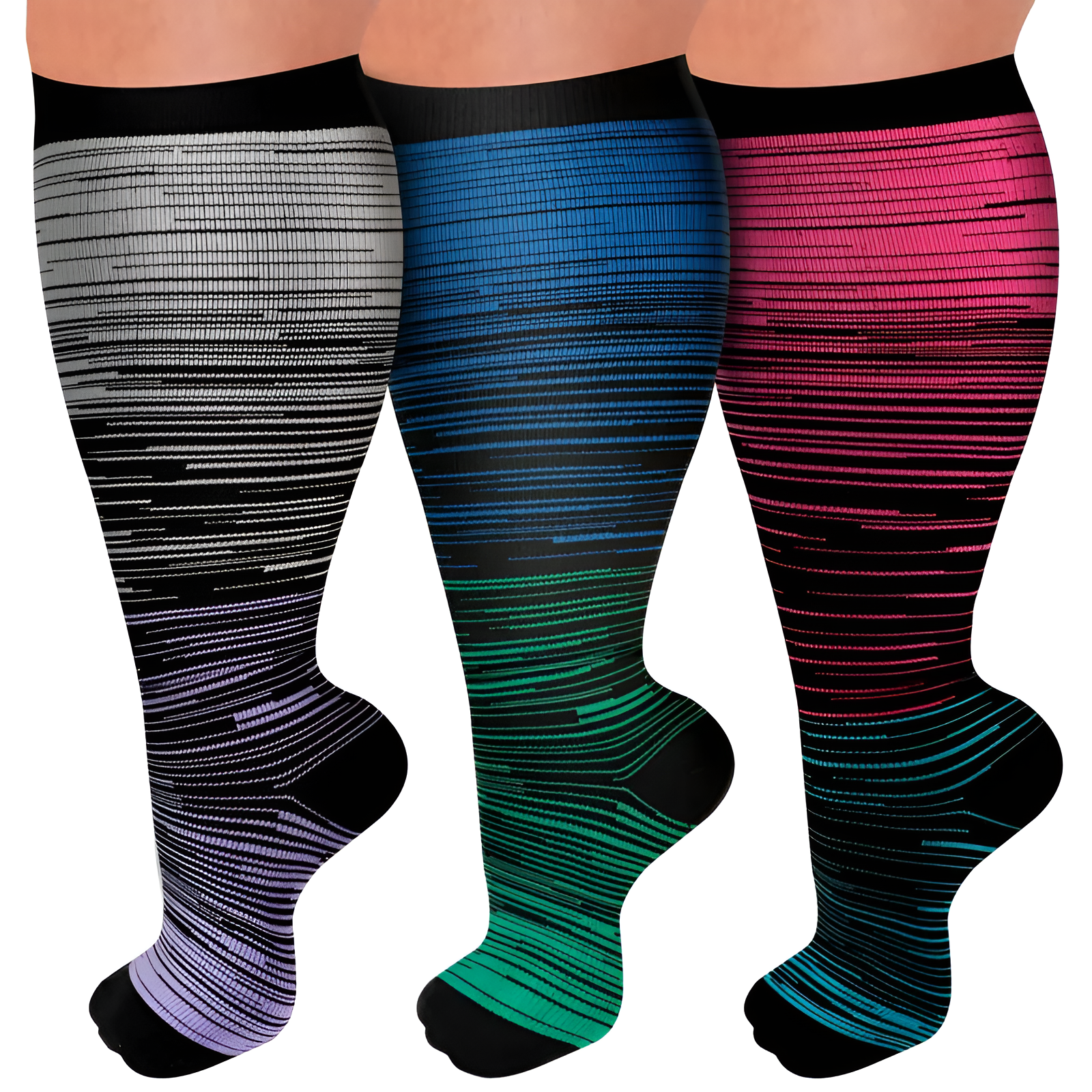  3 Packs Plus Size Compression Knee High Sports Socks for Women and Men Wide Calf Stockings Breathable