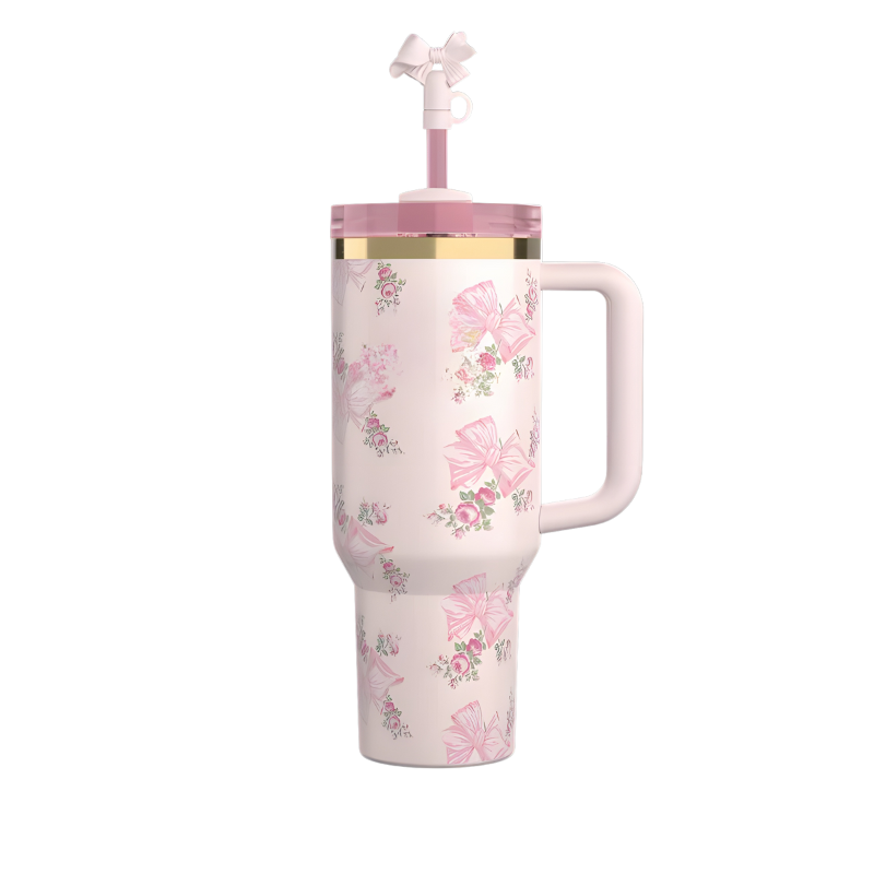 Holiday Floral Tumbler With Handle And StrawHoliday Floral Tumbler With Handle And Straw - Image 3