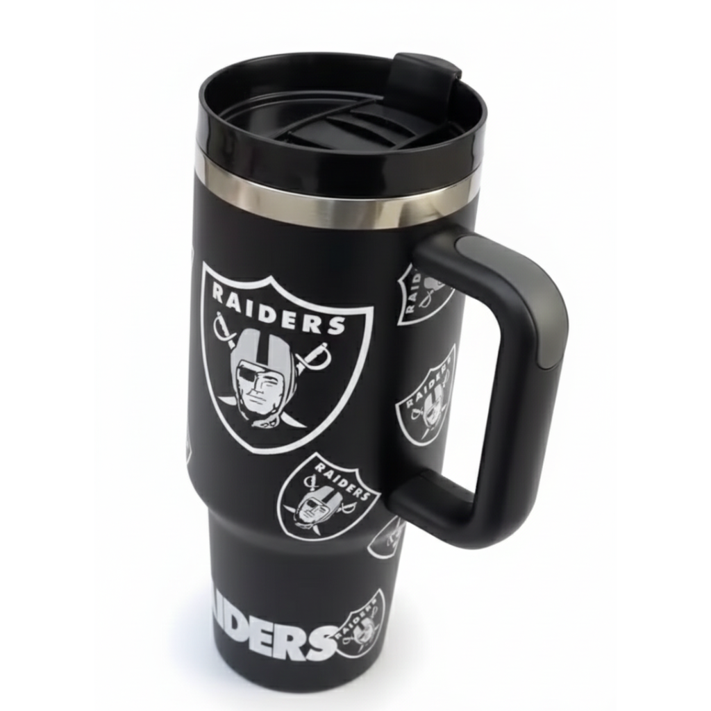 Las Vegas Raiders Themed Travel Tumbler With LidLas Vegas Raiders Pattern Travel Mug - Image 2