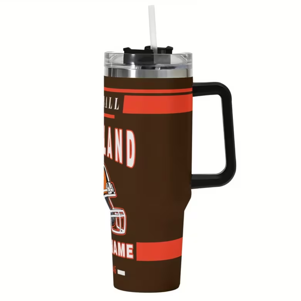 Custom Cleveland Football 40oz Travel Mug with Name & HandleCleveland Browns Custom Name Football Tumbler - Image 2