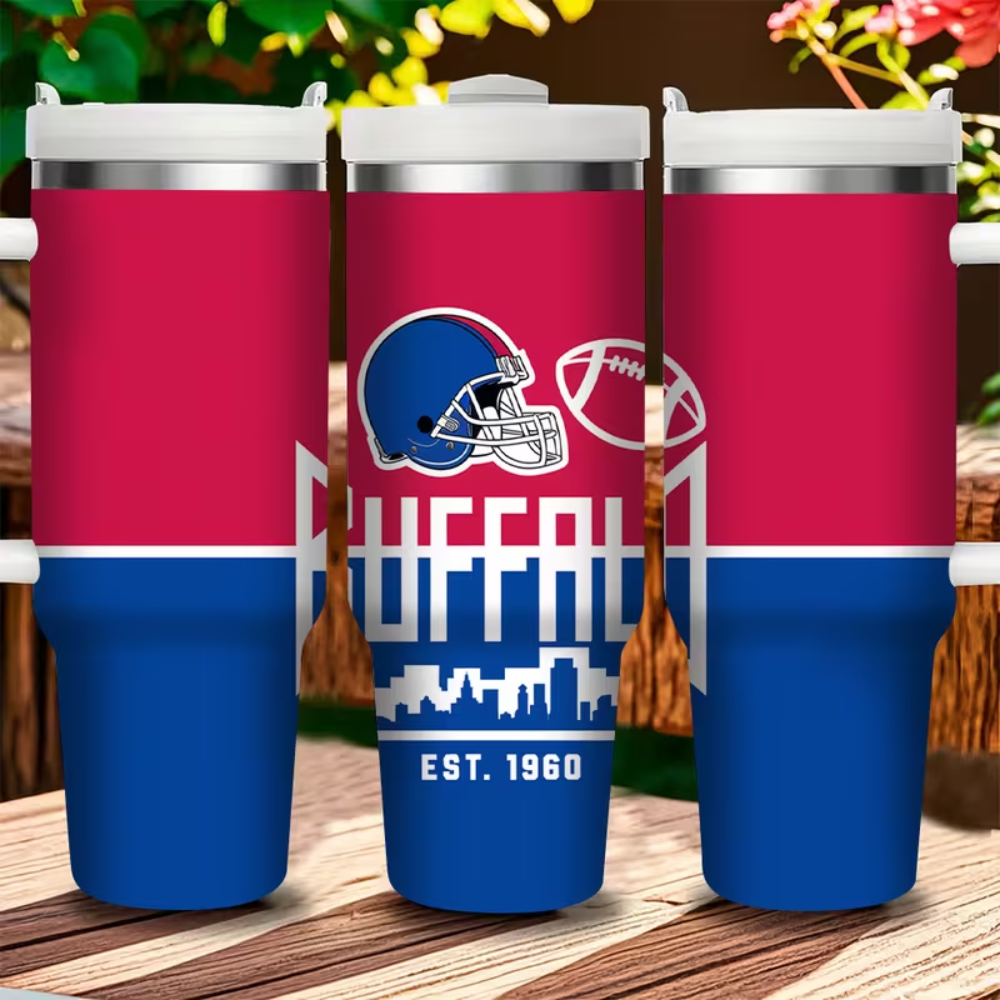 Buffalo Sports 40oz Stainless Steel Tumbler with Spill-Proof Lid & Reusable Straw